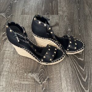 Marc Fisher Black and Tan Studded Wedges